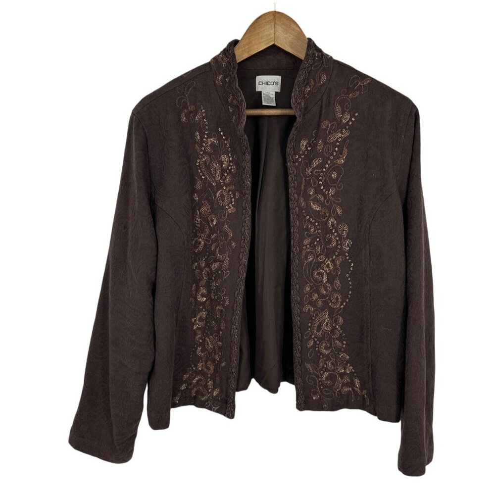 Chicos Brown Embroidered Open Front Long Sleeve Paisley Pattern Jacket Sz 2 US L